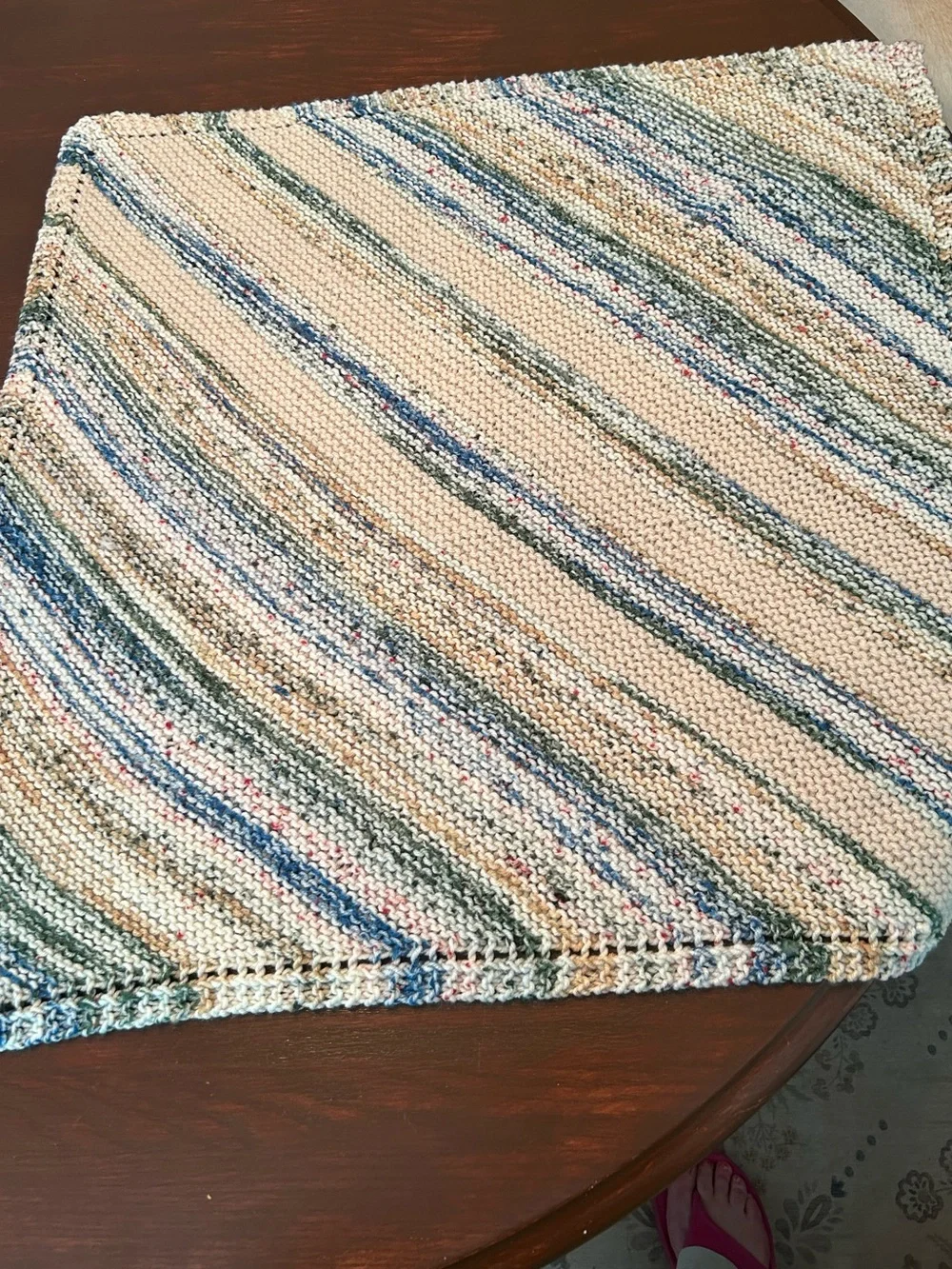 Handmade Cream and Blue Striped Knit Throw -  26 in by 26 in